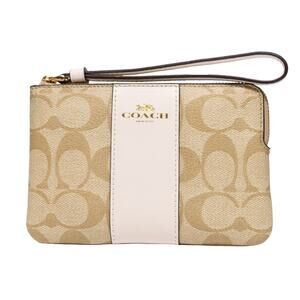 Women's Zip Wristlet COACH Coated Canvas White Cross Grain Leather Tan Signature